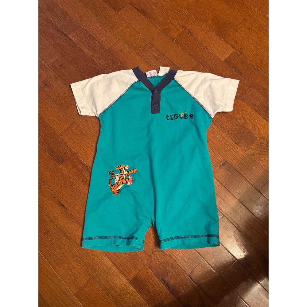 Vintage Disney Pooh Tigger Teal Colorblock Henley Romper 3T 90s Kids